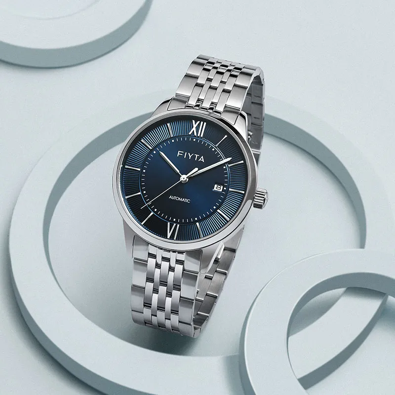 Fiyta Automatic Mechanical Movement Stainless Steel Strap Watch Men's Watches Blue Dial-3