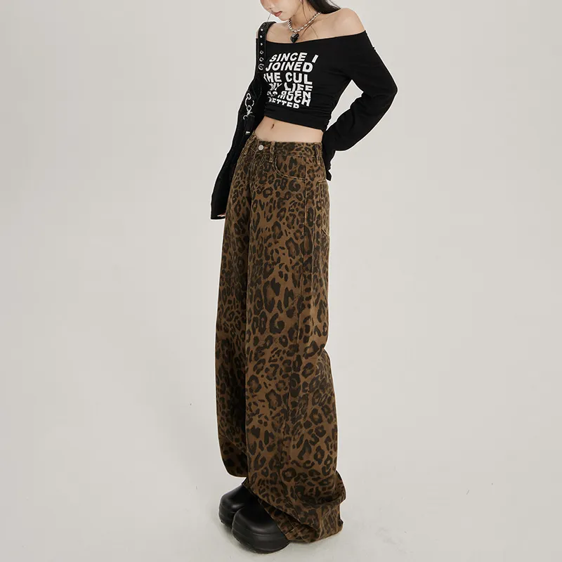 ZNZW Jeans Women's Coffee Brown Leopard Print-4
