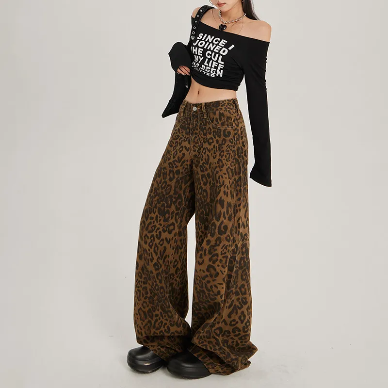 ZNZW Jeans Women's Coffee Brown Leopard Print-2