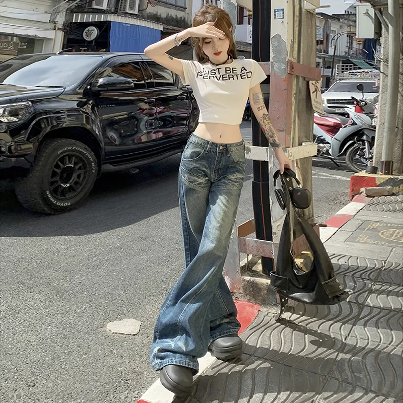 KUNZHUDAXIANG Jeans Women's Vintage Blue-13
