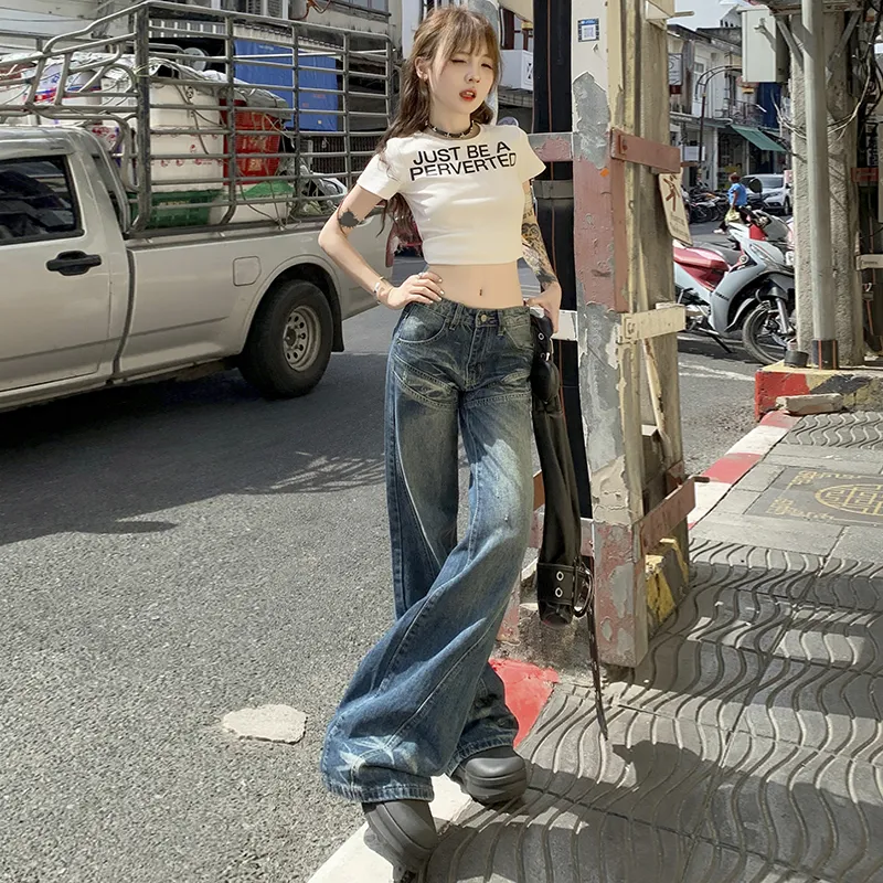 KUNZHUDAXIANG Jeans Women's Vintage Blue-14