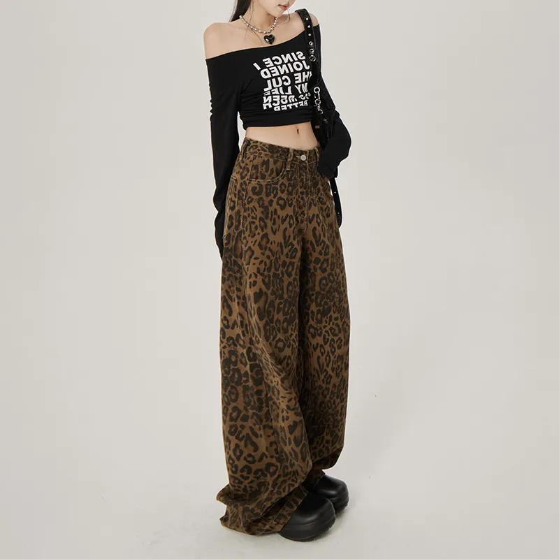 ZNZW Jeans Women's Coffee Brown Leopard Print-1