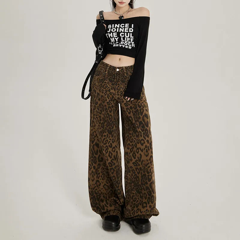 ZNZW Jeans Women's Coffee Brown Leopard Print-3