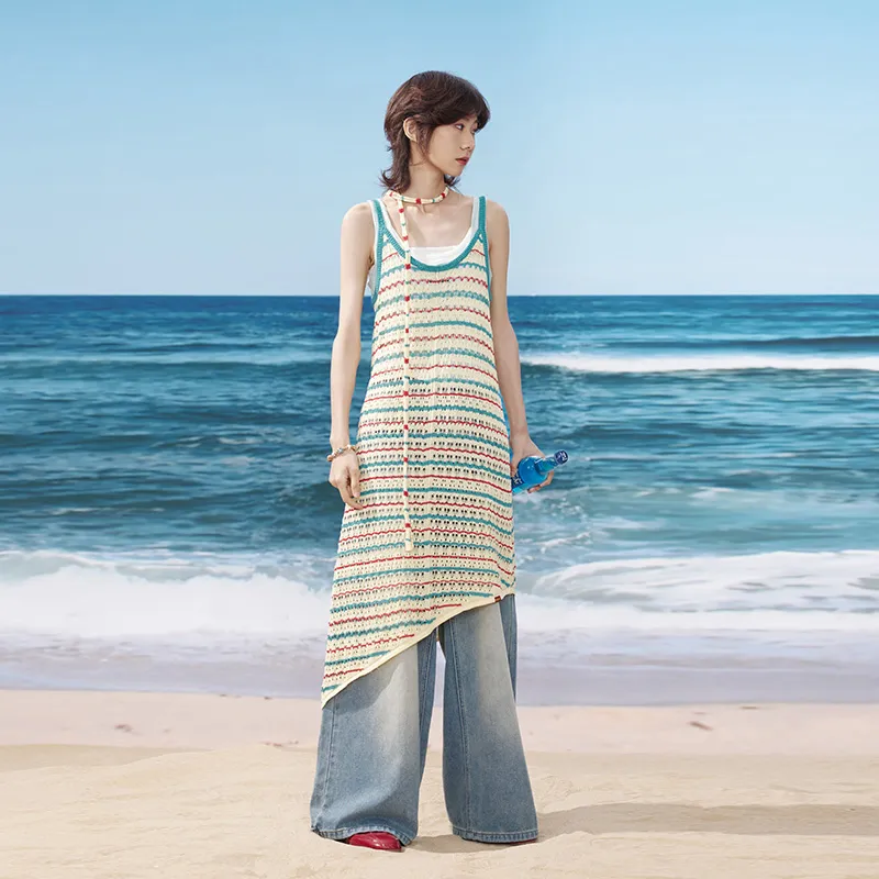 Madgood Slip Dresses Women's Blue Red Stripes Comes With Earphone Case-5