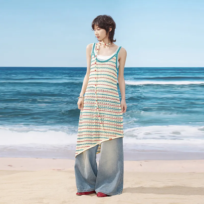 Madgood Slip Dresses Women's Blue Red Stripes Comes With Earphone Case-3