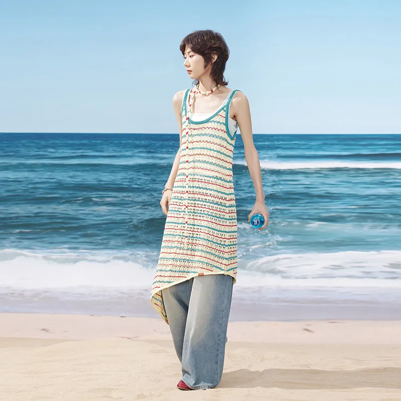 Madgood Slip Dresses Women's Blue Red Stripes Comes With Earphone Case-4