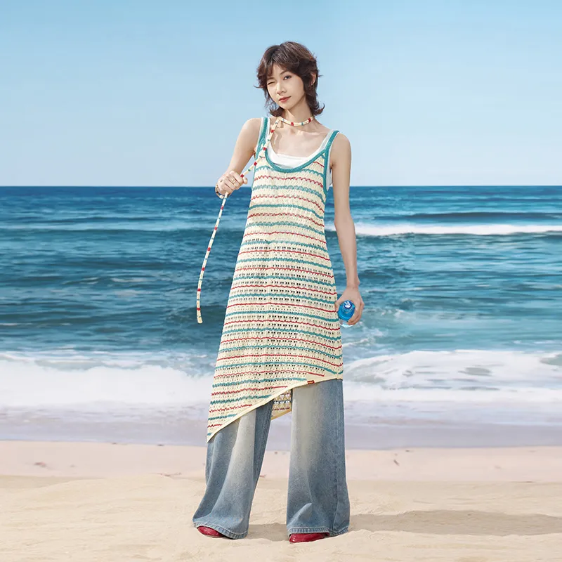 Madgood Slip Dresses Women's Blue Red Stripes Comes With Earphone Case-2