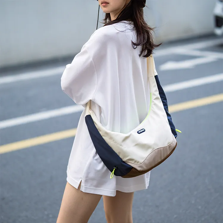 ACROSS Polyester Dumpling Bag, Shoulder Bag, Crossbody Bag, Commuter Bag, Cycling Bag Medium Size Unisex Ecru/Black-4