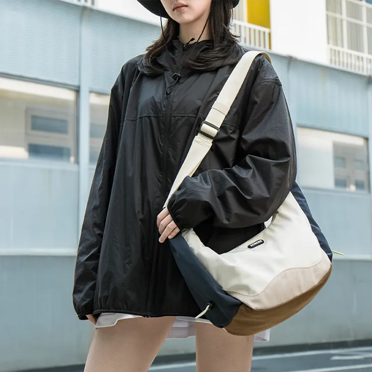 ACROSS Polyester Dumpling Bag, Shoulder Bag, Crossbody Bag, Commuter Bag, Cycling Bag Medium Size Unisex Ecru/Black-5