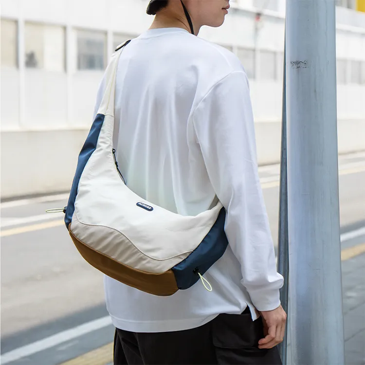ACROSS Polyester Dumpling Bag, Shoulder Bag, Crossbody Bag, Commuter Bag, Cycling Bag Medium Size Unisex Ecru/Black-3