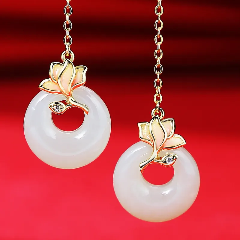 Royal Heaven's Choice Hetian Jade 925 Sterling Silver Earrings Women's Pale Greenish White Jade-3
