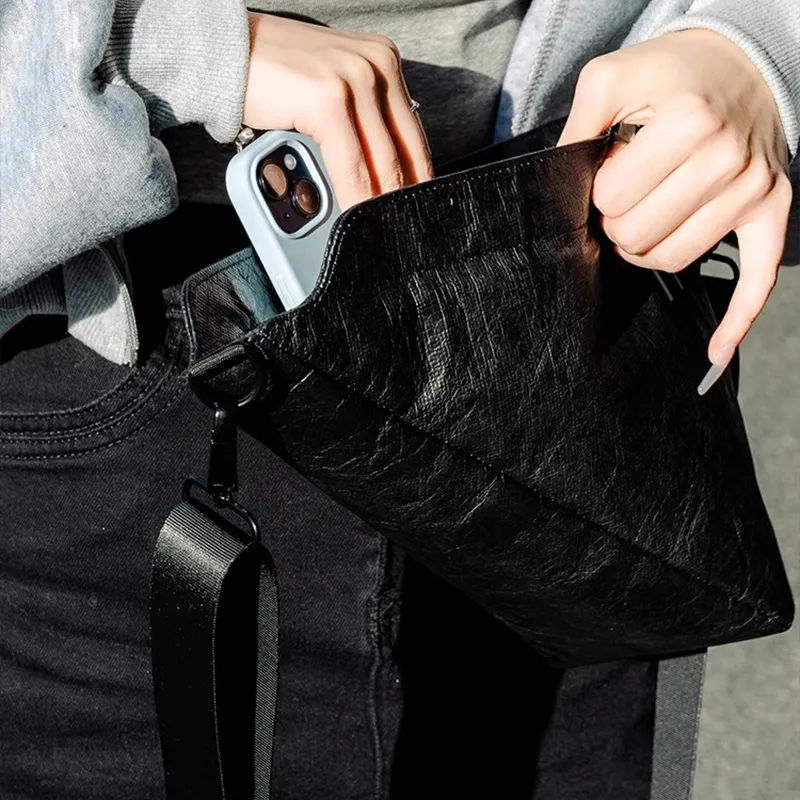 One Person's Planet DuPont Paper Crossbody Bag Medium Size Unisex Black-4