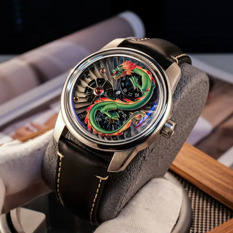 OBLVLO Automatic Mechanical Movement Genuine Leather Strap Watch Men's Watches Black Dial-4