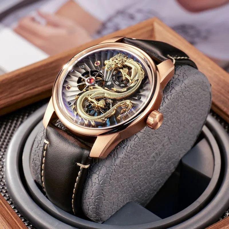 OBLVLO Automatic Mechanical Movement Genuine Leather Strap Watch Men's Watches Black Dial-21