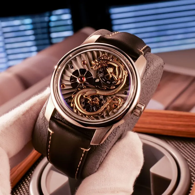OBLVLO Automatic Mechanical Movement Genuine Leather Strap Watch Men's Watches Black Dial-9