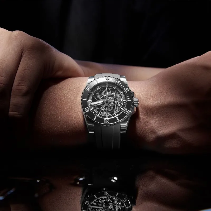 OBLVLO Automatic Mechanical Movement Rubber Strap Watch Men's Watches Black Dial-2