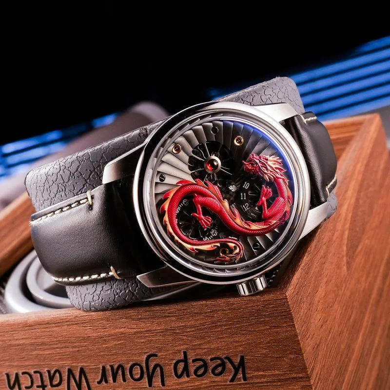 OBLVLO Automatic Mechanical Movement Genuine Leather Strap Watch Men's Watches Black Dial-17