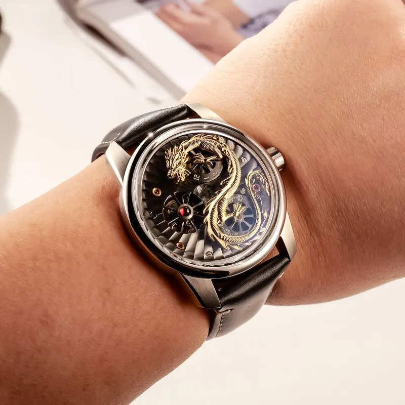 OBLVLO Automatic Mechanical Movement Genuine Leather Strap Watch Men's Watches Black Dial-11