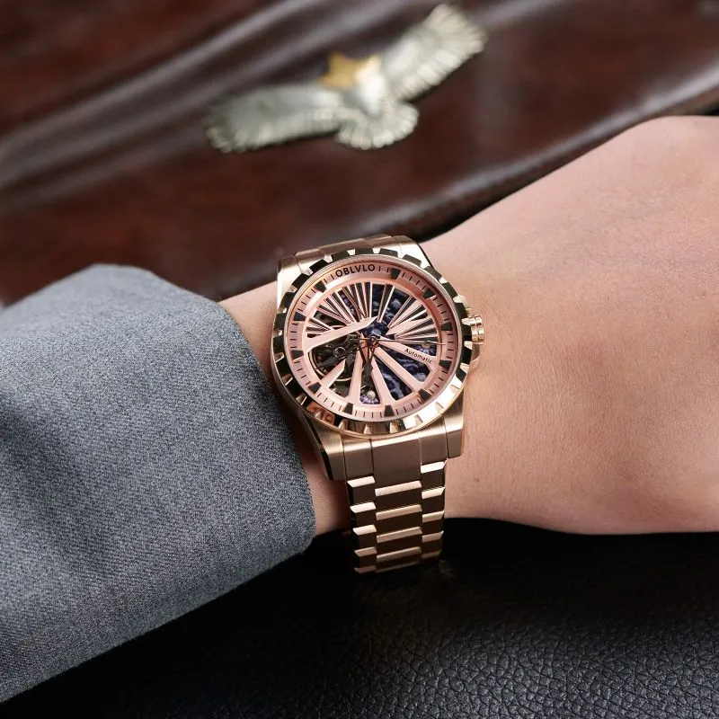 OBLVLO Automatic Mechanical Movement Watch Unisex Gold Dial-4