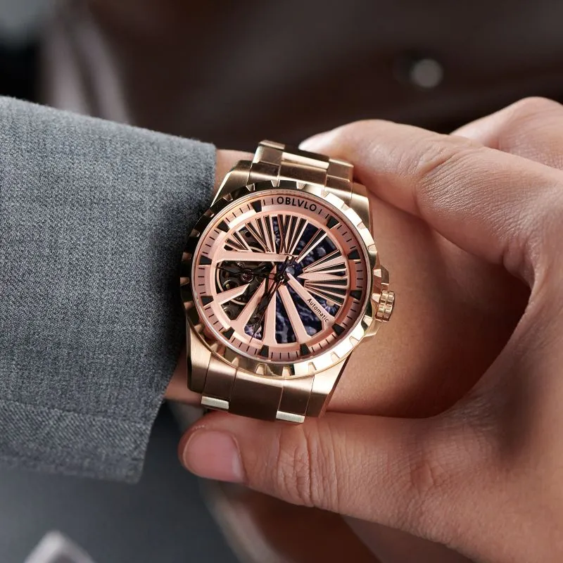 OBLVLO Automatic Mechanical Movement Watch Unisex Gold Dial-3