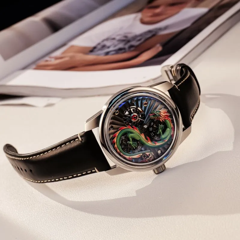 OBLVLO Automatic Mechanical Movement Genuine Leather Strap Watch Men's Watches Black Dial-5