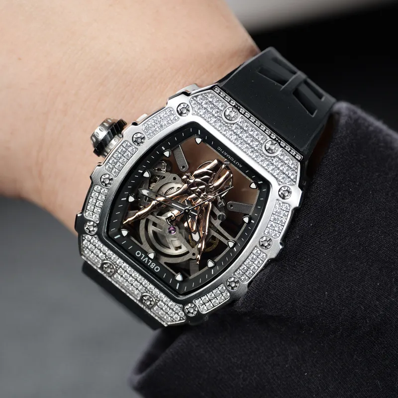 OBLVLO Automatic Mechanical Movement Eco-Friendly Fluoroelastomer Strap Watch Men's Watches Cut-Out Dial-4