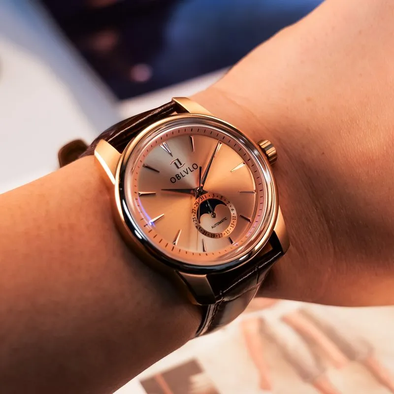 OBLVLO Automatic Mechanical Movement Genuine Leather Strap Watch Men's Watches Gold Dial-3