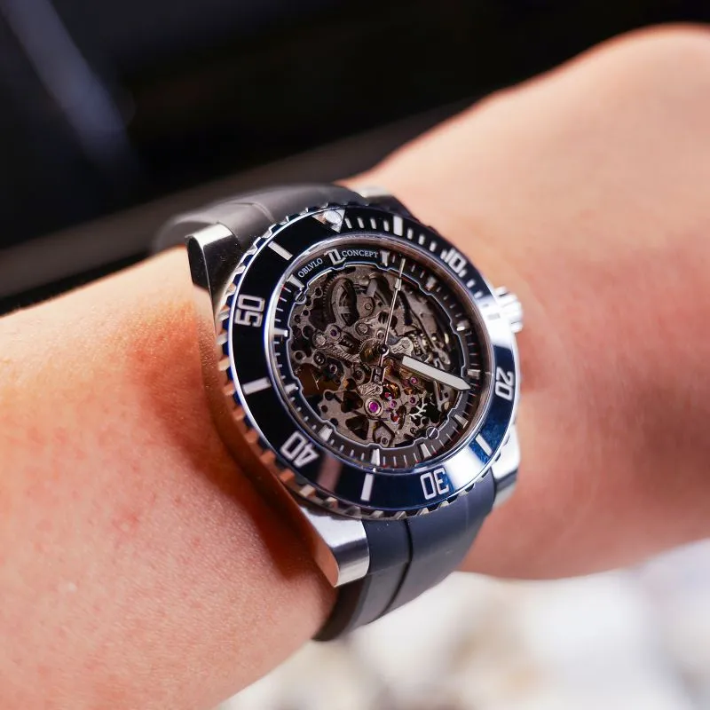 OBLVLO Automatic Mechanical Movement Rubber Strap Watch Men's Watches Black Dial-3