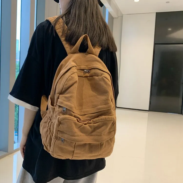 Huangmu Canvas Student Backpack Regular Unisex Purple/Green/Black/Khaki-5