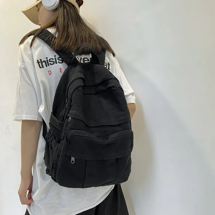 Huangmu Canvas Student Backpack Regular Unisex Purple/Green/Black/Khaki-3