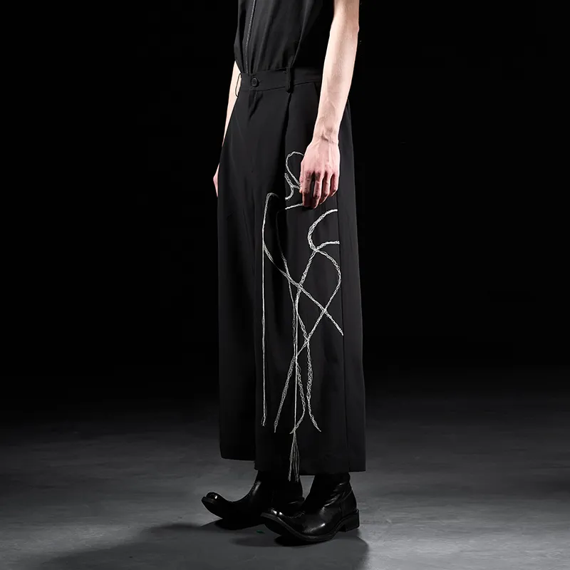 HUANXIANGZHE Triacetate Embroidery Wide Leg Cropped Pants Unisex Black-3