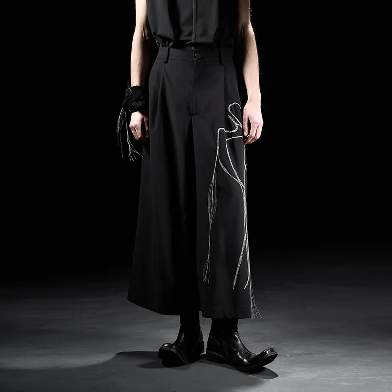 HUANXIANGZHE Triacetate Embroidery Wide Leg Cropped Pants Unisex Black-2