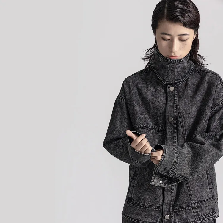 HUANXIANGZHE Denim Jacket Unisex Black-5