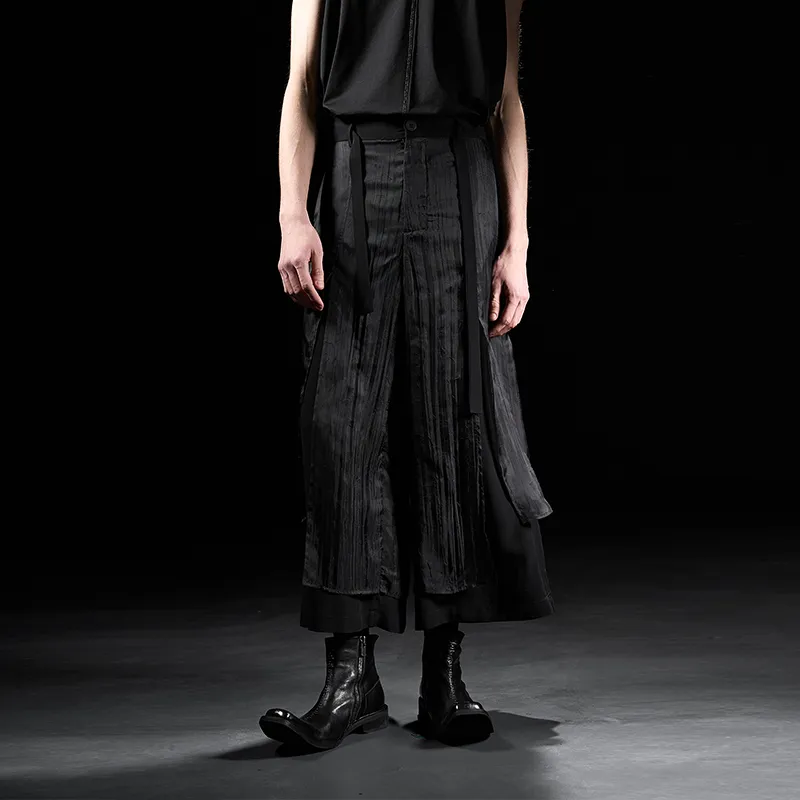 HUANXIANGZHE Loose Fit Straight Fit Cropped Pants Samurai Pants Skirt Casual Pants Unisex Black-2