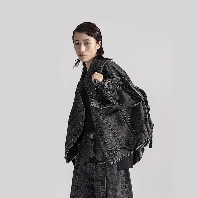 HUANXIANGZHE Denim Jacket Unisex Black-4