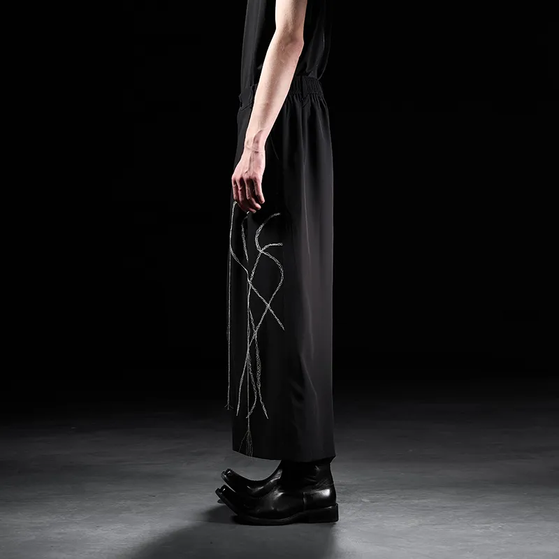 HUANXIANGZHE Triacetate Embroidery Wide Leg Cropped Pants Unisex Black-4