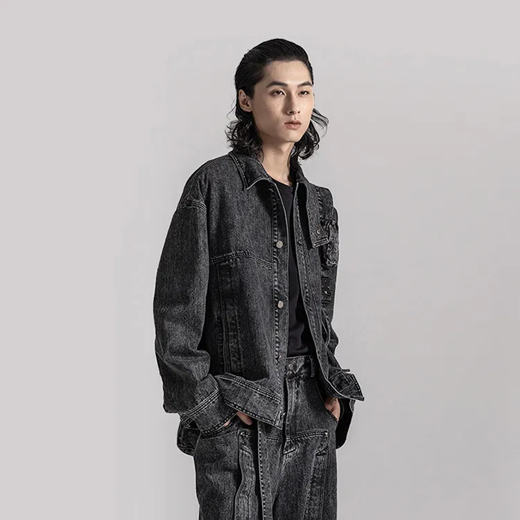 HUANXIANGZHE Denim Jacket Unisex Black-2