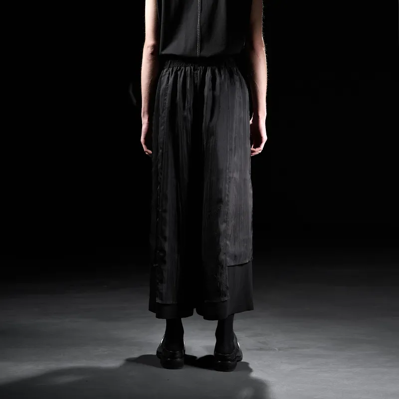 HUANXIANGZHE Loose Fit Straight Fit Cropped Pants Samurai Pants Skirt Casual Pants Unisex Black-3