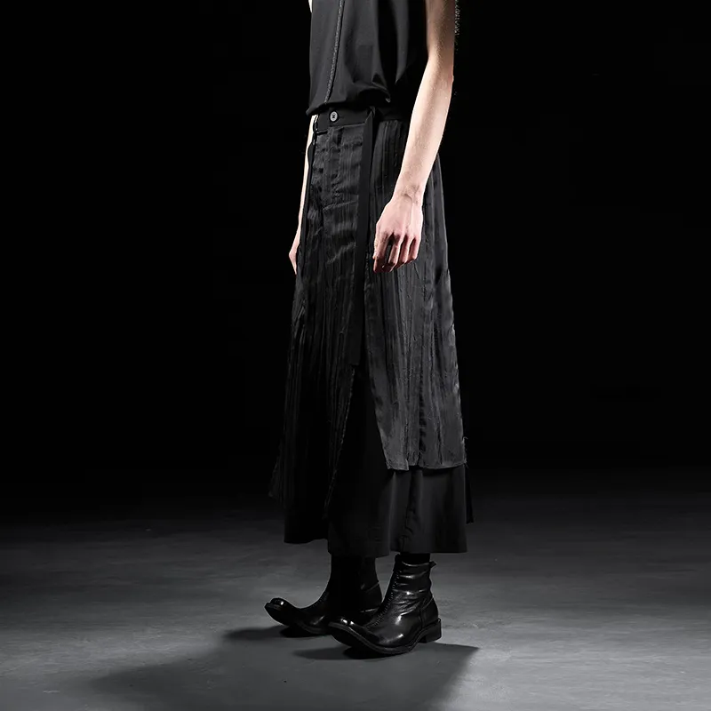 HUANXIANGZHE Loose Fit Straight Fit Cropped Pants Samurai Pants Skirt Casual Pants Unisex Black-4