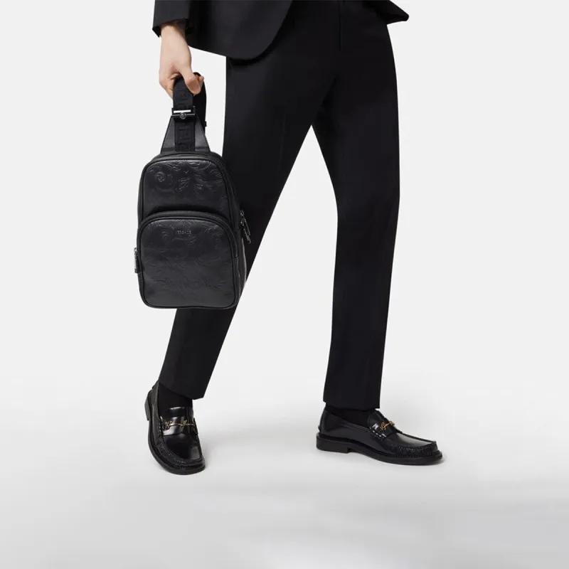 FANSIZHE Cow Leather Sling Bag Men's Black-4
