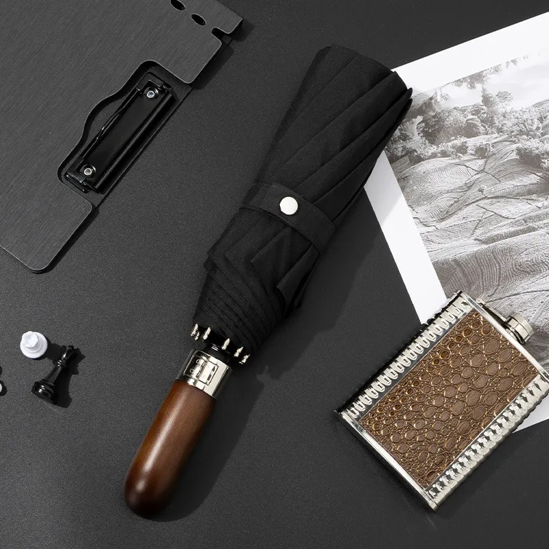 NingYi Wooden Handle Premium Fully Automatic Large Thickened Reinforced Windproof Double Foldable Umbrella For Business-2