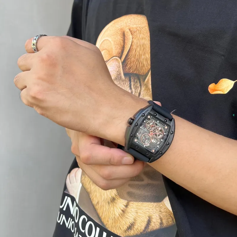 FAIRWHALE Pioneer Collection Black Men's Watch Automatic Mechanical Movement Silicone Strap Watch Unisex Cut Out Dial-45