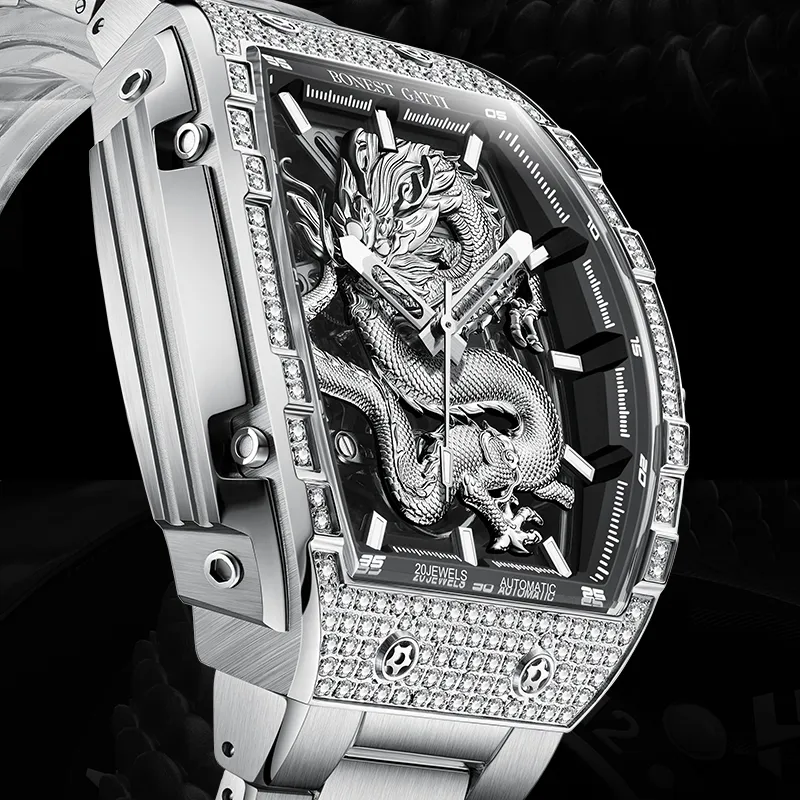 BONEST GATTI Automatic Mechanical Movement Rubber Strap Men's Watches Cut Out Dial-25