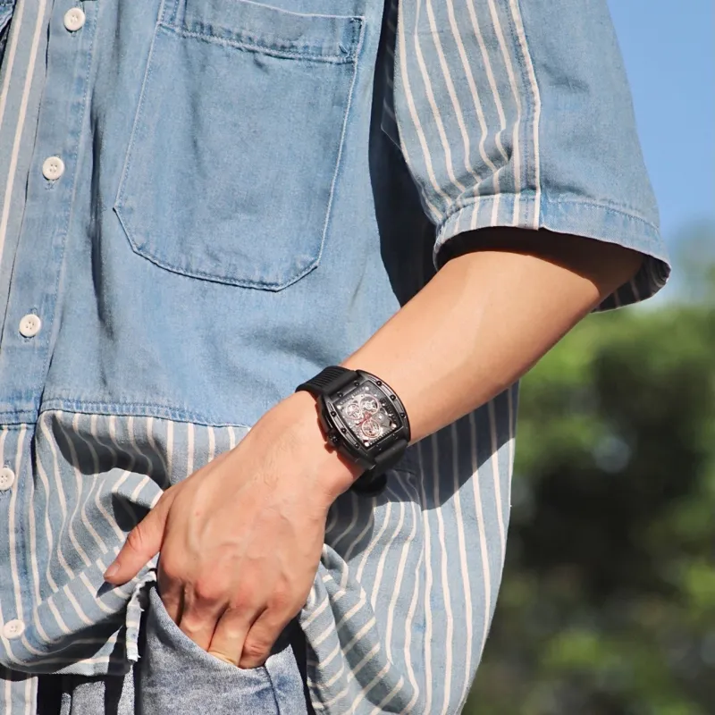 FAIRWHALE Pioneer Collection Black Men's Watch Automatic Mechanical Movement Silicone Strap Watch Unisex Cut Out Dial-16