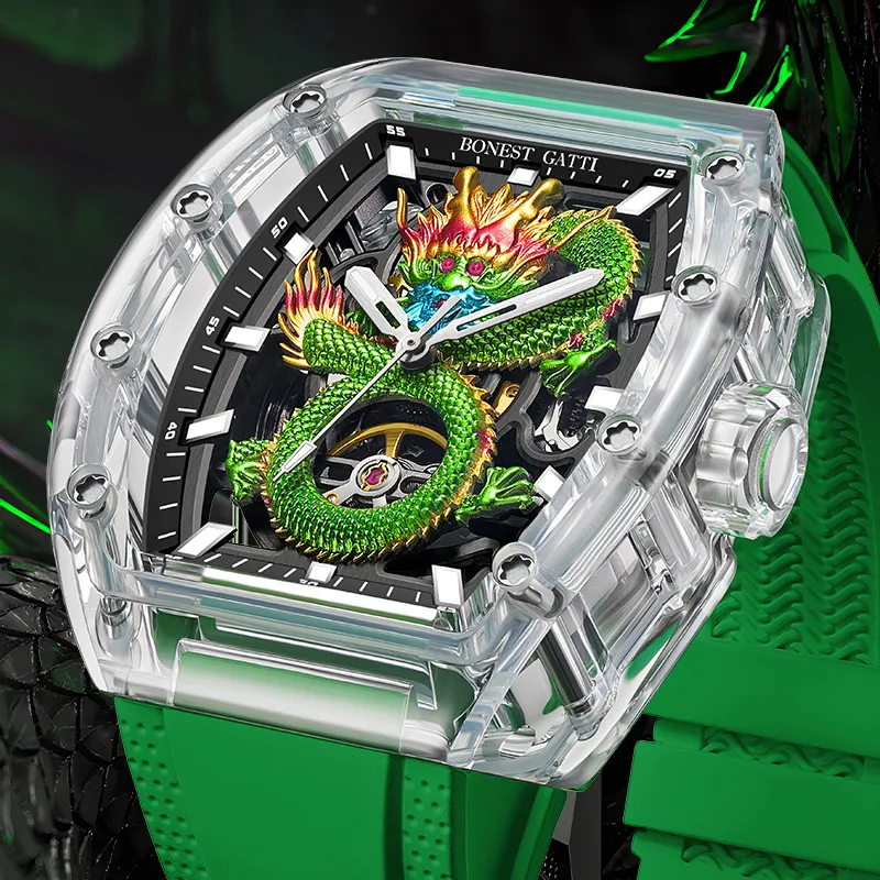 BONEST GATTI Automatic Mechanical Movement Rubber Strap Watch Men's Watches Black Dial-5