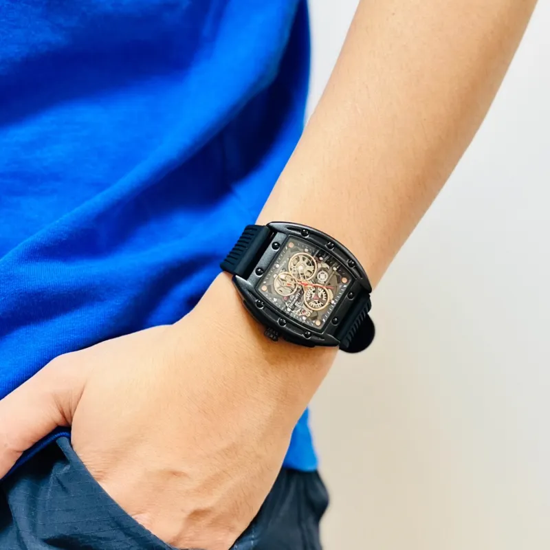 FAIRWHALE Pioneer Collection Black Men's Watch Automatic Mechanical Movement Silicone Strap Watch Unisex Cut Out Dial-28