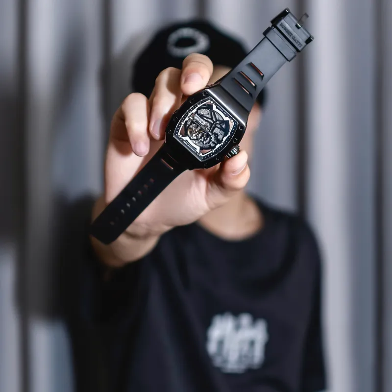 BONEST GATTI Phantom Speed Collection Mini Barrel Watch Mechanical Movement Rubber Strap Watch Unisex White Dial-14