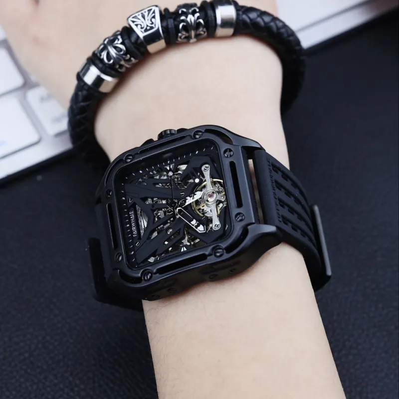 FAIRWHALE Pioneer Collection Men's Watch Automatic Mechanical Movement Silicone Strap Watch Unisex Black Dial-3