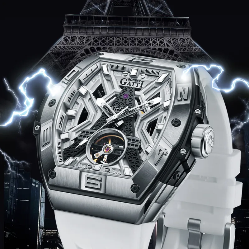 BONEST GATTI Automatic Mechanical Movement Rubber Strap Watch Men's Watches White Dial-3