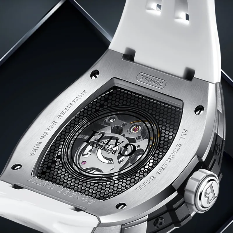 BONEST GATTI Automatic Mechanical Movement Rubber Strap Watch Men's Watches White Dial-6